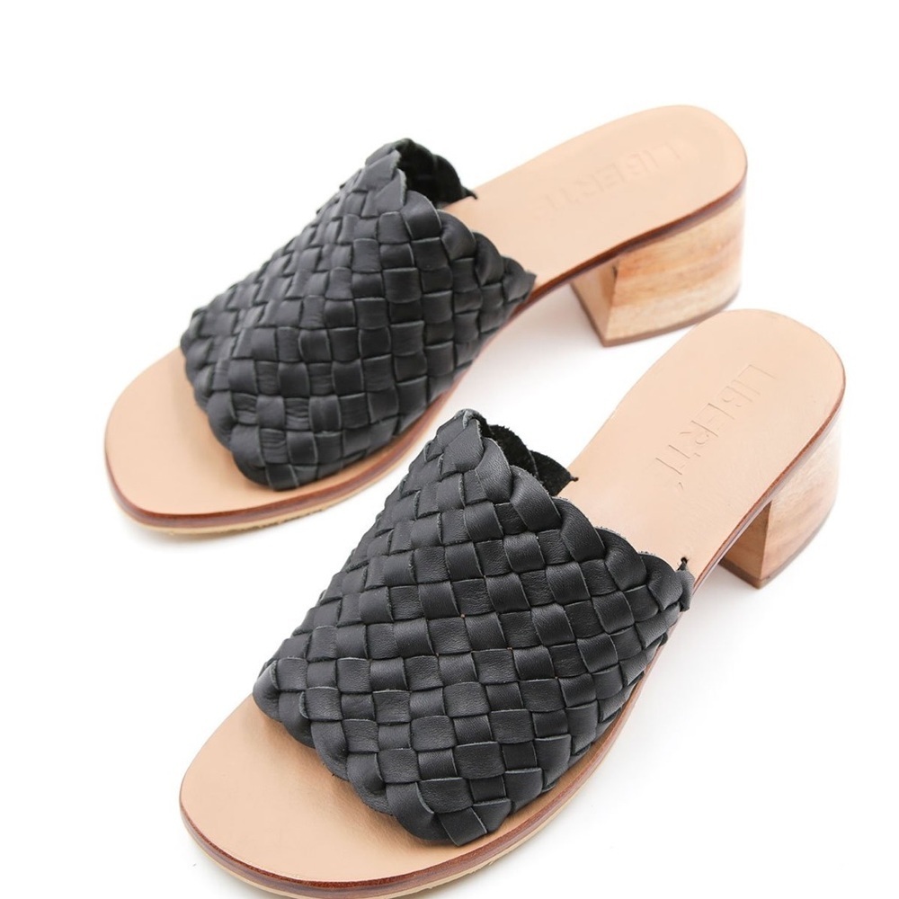 Euro Summer Black Woven Sandals Wooden Block Heel Leather Beachy Slide On Mule